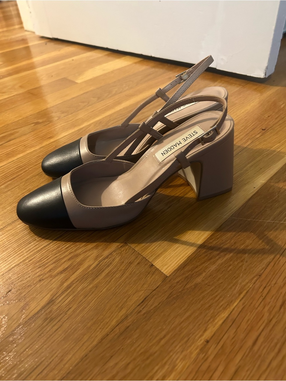 Steve Madden Two-Tone Taupe and Black Slingback Block Heels